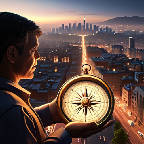 A dedicated public servant, mid-shot, gently illuminated by a soft digital glow, engaging empathetically with a diverse group of citizens. They hold a subtle, glowing ethical compass, symbolizing integrity and transparent decision-making. The background depicts a modern, subtly digitalized cityscape. Emphasize warm, trustworthy expressions and a strong sense of human connection. Realistic style, cinematic lighting.