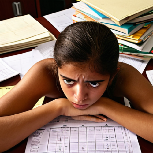 Home 17 A determined, slightly overwhelmed Brazilian student sits at a desk cluttered with 'concursos públicos' textbooks and notes. Their face shows a mix of fatigue and concentration. In front of them, a mock exam paper (simulado) is open, with certain sections highlighted or graphs emerging from it, clearly pointing out areas of weakness and potential for improvement. The atmosphere transitions from dense study to a moment of sharp insight and strategic clarity. Realistic, detailed, warm ambient light, study room setting. --ar 16:9 --v