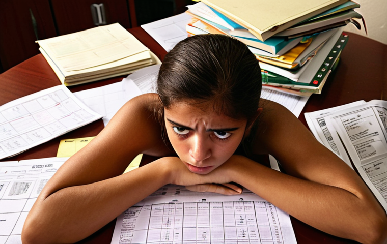 A determined, slightly overwhelmed Brazilian student sits at a desk cluttered with 'concursos públicos' textbooks and notes. Their face shows a mix of fatigue and concentration. In front of them, a mock exam paper (simulado) is open, with certain sections highlighted or graphs emerging from it, clearly pointing out areas of weakness and potential for improvement. The atmosphere transitions from dense study to a moment of sharp insight and strategic clarity. Realistic, detailed, warm ambient light, study room setting. --ar 16:9 --v