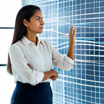 A professional Brazilian woman, mid-career, with a contemplative yet empowered expression. She is wearing modest, elegant business casual attire, including a tailored blouse and trousers. She gently touches a transparent screen or holographic display. In the clean, contemporary office setting, soft ambient lighting illuminates subtle, abstract representations of complex data streams and flowcharts in the background, which appear to be dissolving into clearer, more simplified patterns. This symbolizes the transformation of intricate public sector experience into valuable, clear private sector skills. High-resolution, professional studio photography, soft focus on background, sharp focus on subject, fully clothed, appropriate attire, professional dress, perfect anatomy, correct proportions, natural pose, well-formed hands, proper finger count, natural body proportions, safe for work, appropriate content, professional, family-friendly.