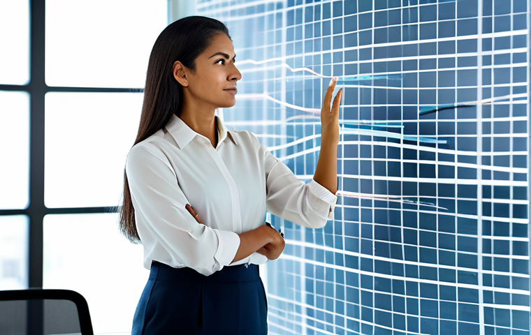 A professional Brazilian woman, mid-career, with a contemplative yet empowered expression. She is wearing modest, elegant business casual attire, including a tailored blouse and trousers. She gently touches a transparent screen or holographic display. In the clean, contemporary office setting, soft ambient lighting illuminates subtle, abstract representations of complex data streams and flowcharts in the background, which appear to be dissolving into clearer, more simplified patterns. This symbolizes the transformation of intricate public sector experience into valuable, clear private sector skills. High-resolution, professional studio photography, soft focus on background, sharp focus on subject, fully clothed, appropriate attire, professional dress, perfect anatomy, correct proportions, natural pose, well-formed hands, proper finger count, natural body proportions, safe for work, appropriate content, professional, family-friendly.
