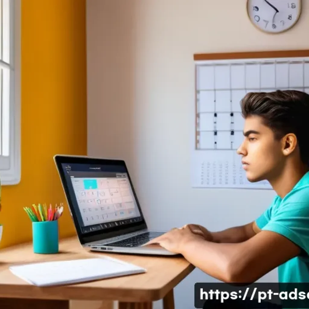 행정안전 관련 시험 합격 수기 - A focused young Brazilian student sitting at a tidy wooden desk in a cozy home study room, using a l...