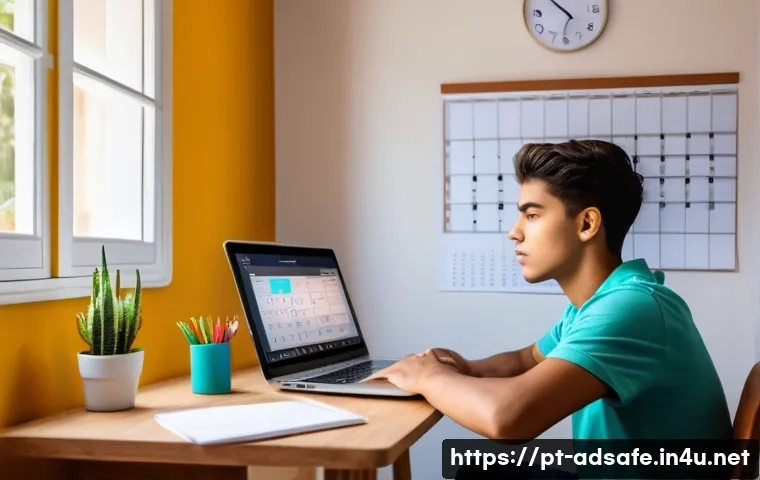 행정안전 관련 시험 합격 수기 - A focused young Brazilian student sitting at a tidy wooden desk in a cozy home study room, using a l...