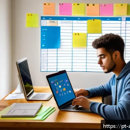 행정안전 자격증 준비를 위한 추천 스터디 앱 - A focused young adult Brazilian student studying public administration using a laptop and smartphone...