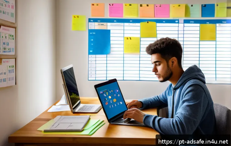 행정안전 자격증 준비를 위한 추천 스터디 앱 - A focused young adult Brazilian student studying public administration using a laptop and smartphone...