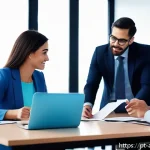 행정안전 직무에서 필요한 보고서 작성법 - A modern office environment with a diverse group of professionals collaborating around a large confe...